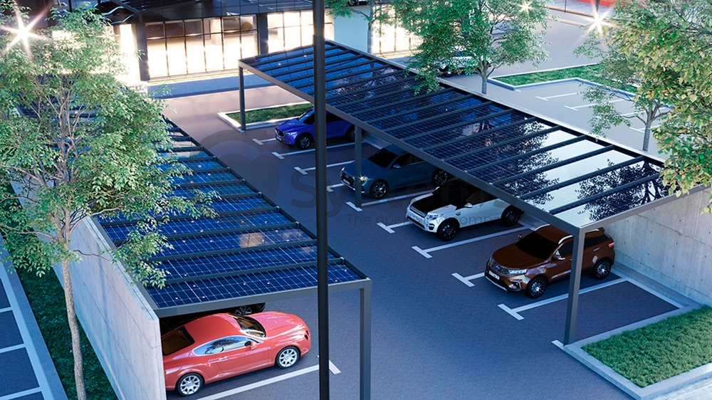 Auto's geparkeerd onder een zonnepaneel overkapping in een parkeerplaats