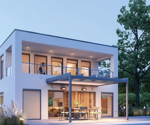 Woning met glazen terrasoverkapping in grijze framekleur en buitenterras Woning met glazen terrasoverkapping in grijze framekleur en buitenterras