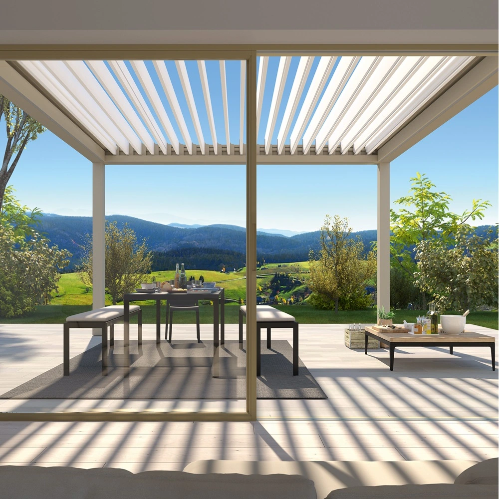 Artares Overdekt terras met lamellen overkapping en uitzicht op bergen