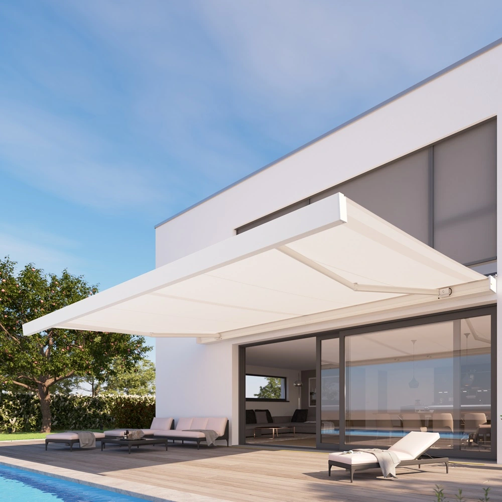CAMABOX Knikarmscherm boven zwembad en terras