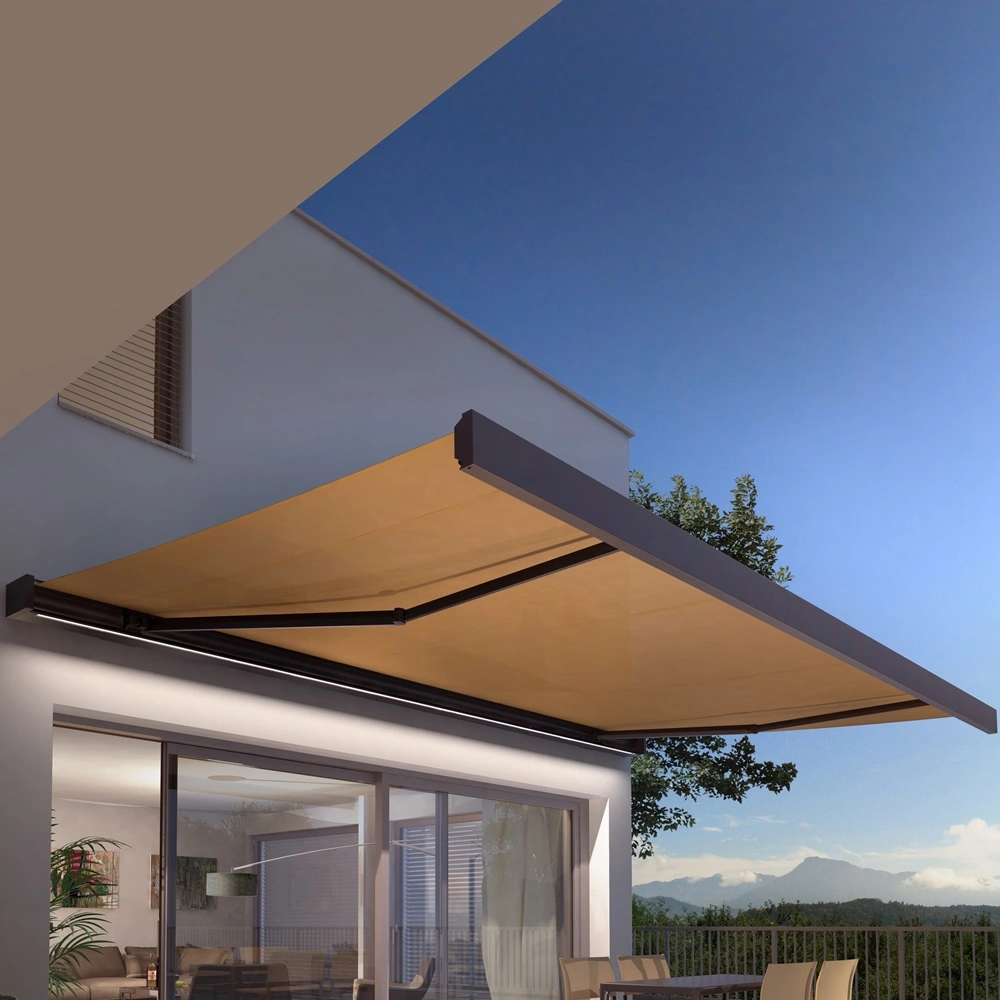 CAMABOX Knikarmscherm met uitgeschoven doek boven terras