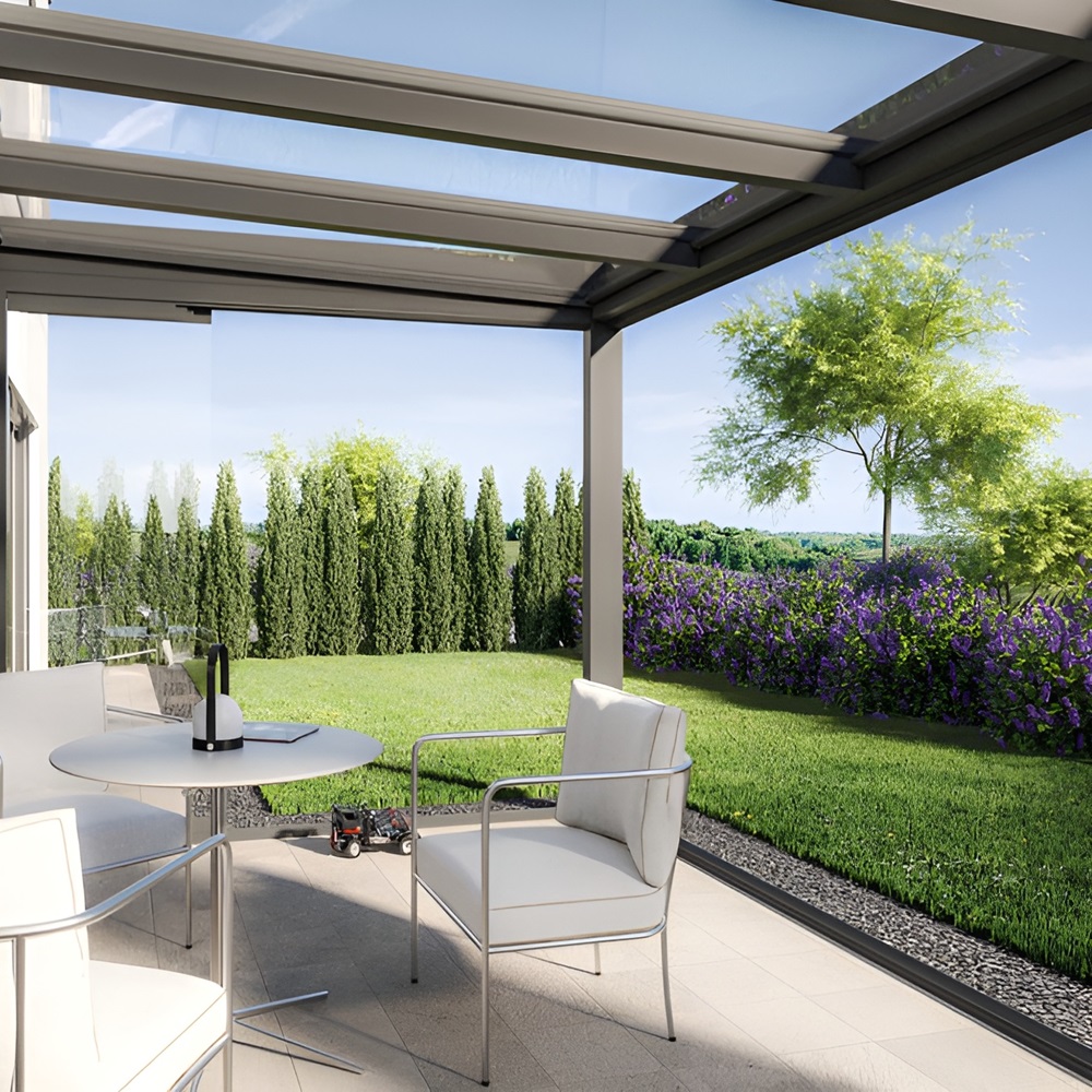 Glazen tuinkamer Cubo met zitruimte en uitzicht op tuin