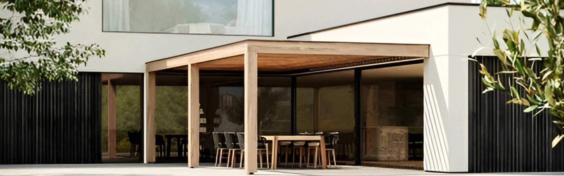 Houten lamellenoverkapping Livinshade met banken eronder