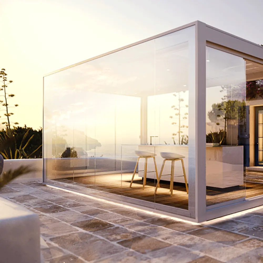 Lamellendak Brera met glazen wanden, uitzicht op zee bij zonsondergang