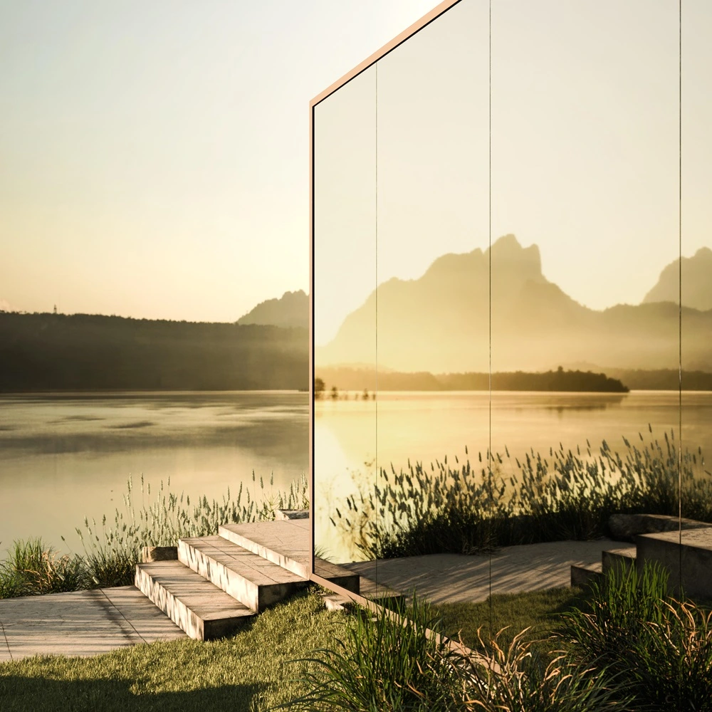 Lamellendak Brera met uitzicht op een zonsopgang boven een meer met glazen wanden