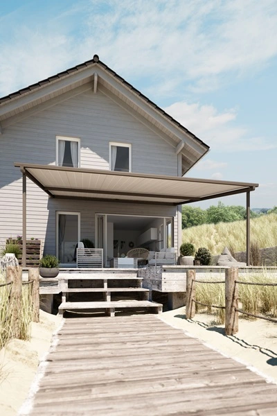 Overkapping met doek Pergolino aan strandhuis met houten terras Overkapping met doek Pergolino aan strandhuis met houten terras
