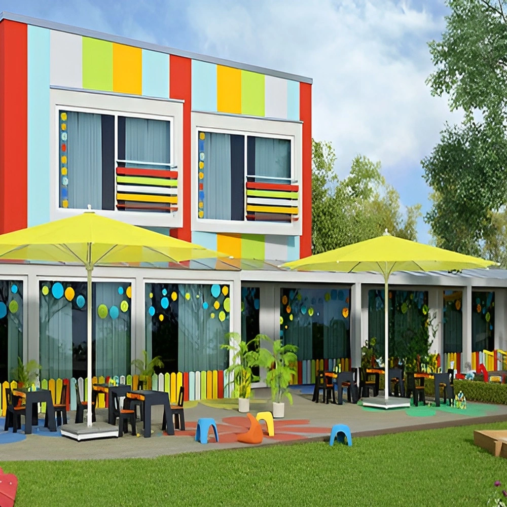 Parasol Lugano geel bij kinderdagverblijf met kleurrijke gevel