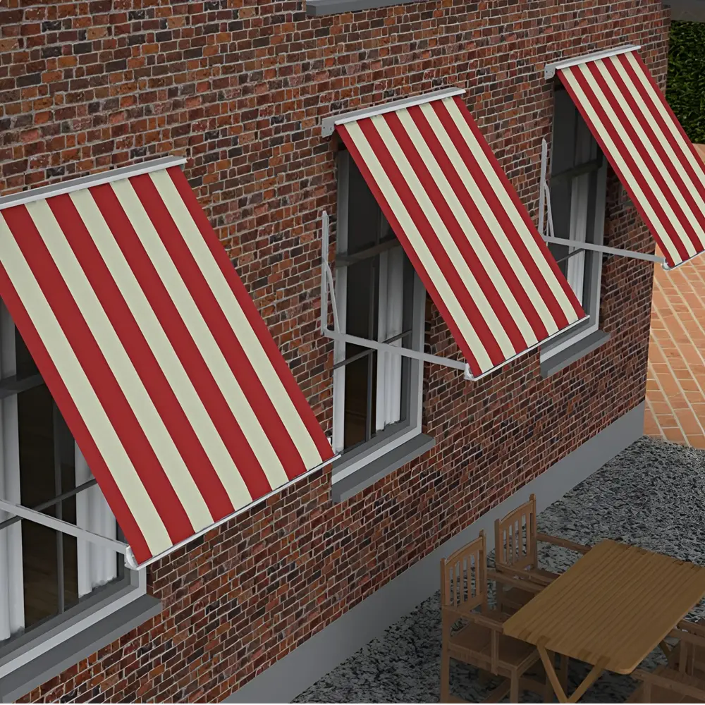 Carre uitvalscherm rood-witte strepen aan bakstenen muur