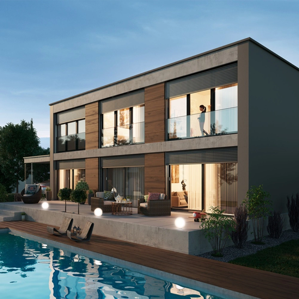 Rolluik bij luxe woning met zwembad, horizontaal gemonteerd voor ramen