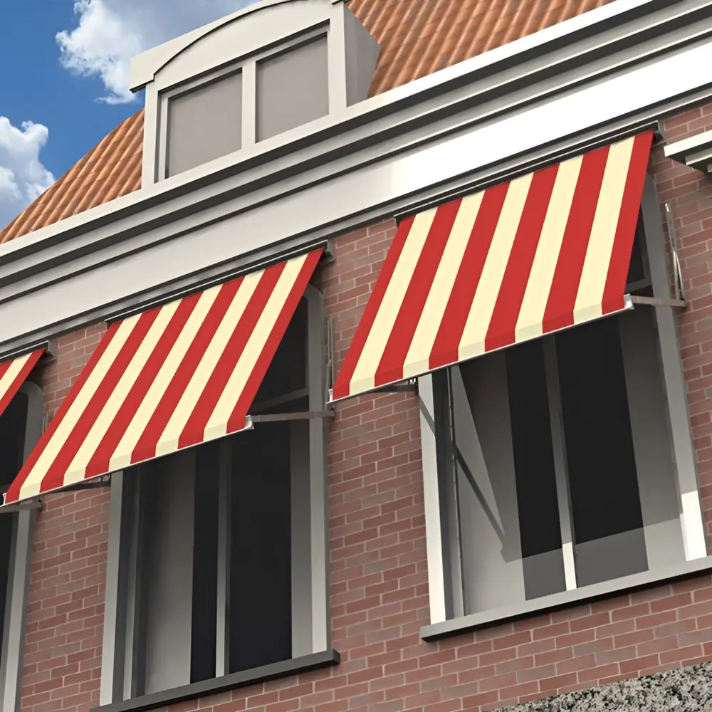 Rood-witte Carre uitvalschermen boven ramen van stadswoningen