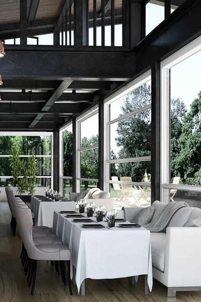 Windschermen Close-up bij een restaurant met eettafels Windschermen Close-up bij een restaurant met eettafels