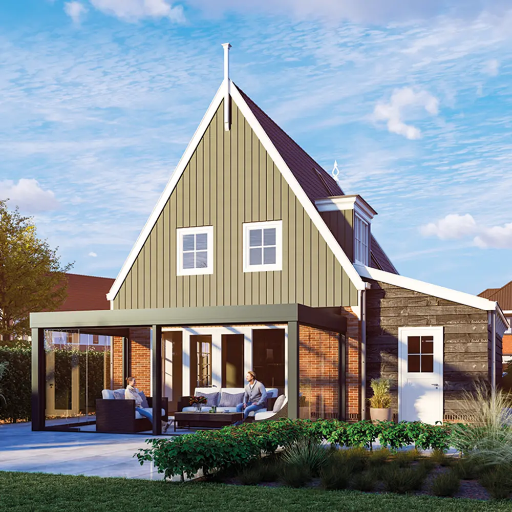 Neo glazen schuifdak aan vrijstaande woning met zithoek op terras