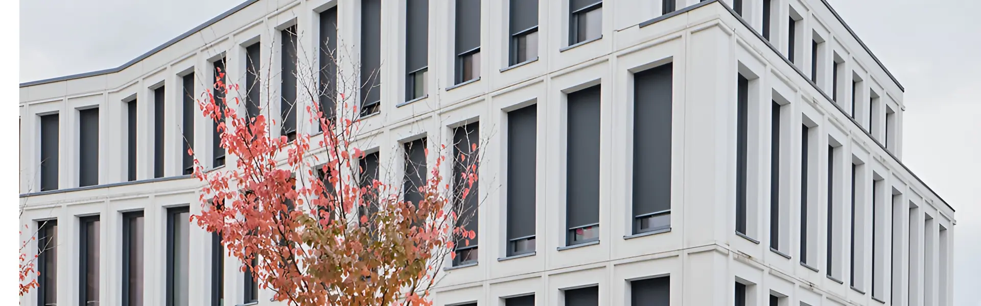 Strakke buitenzonwering in een wit gebouw met minimalistisch ontwerp