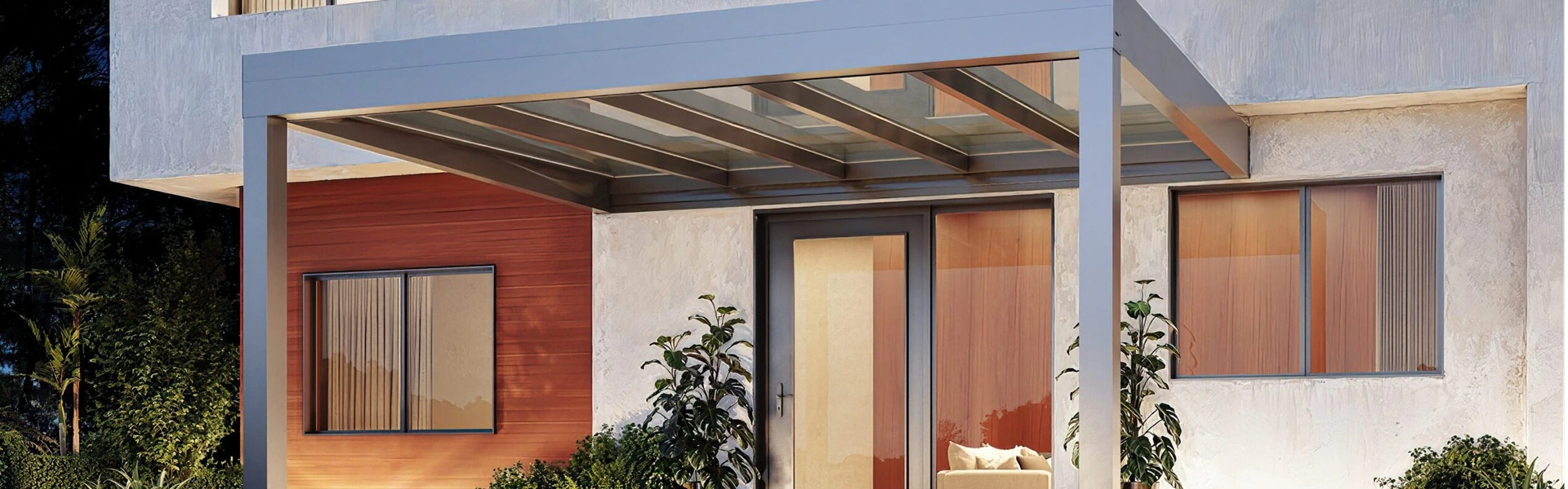 Glazen overkapping Cubo-ezie geplaatst boven een terras met zitgedeelte