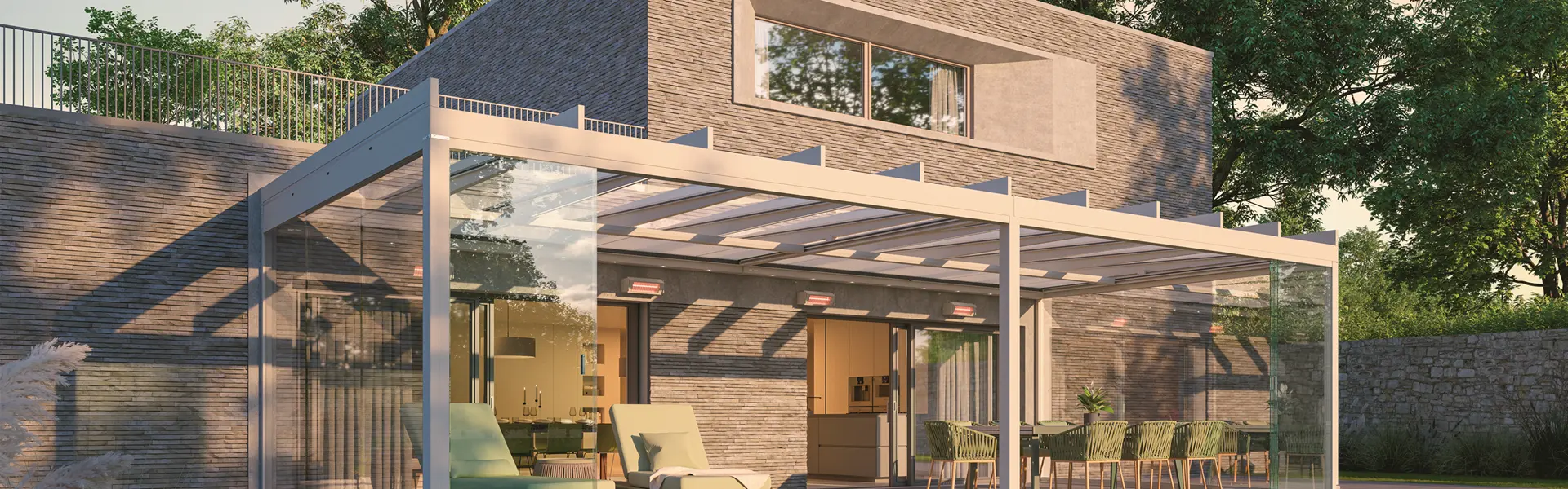 Glazen overkapping Terrazza Pure met stijlvolle inrichting