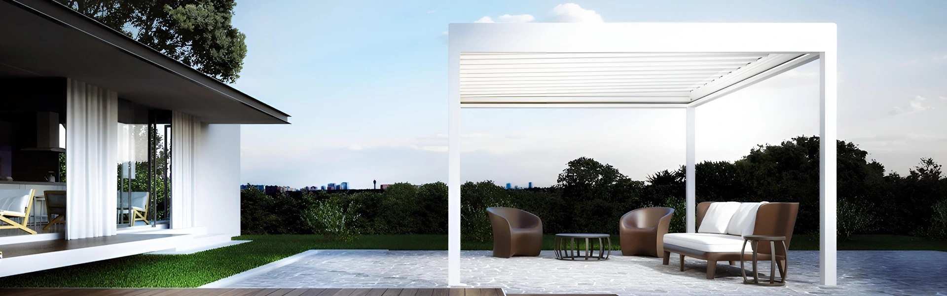 Lamellen overkapping Narciso met zitgedeelte en groene omgeving