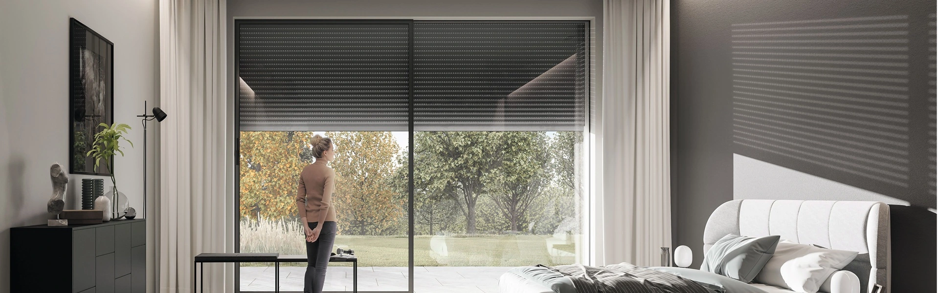 Roma rolluiken Quadro voor privacy en zonwering in lichte slaapkamer