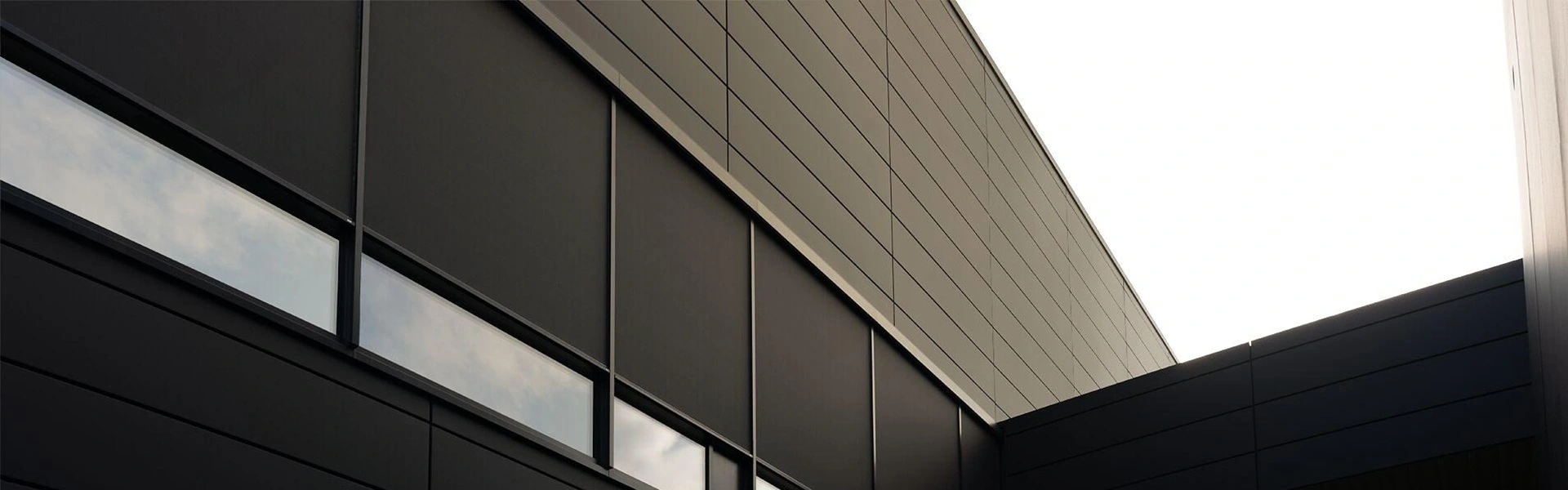 Roma zipscreen F50 op grote gevel met smalle ramen en donkere panelen