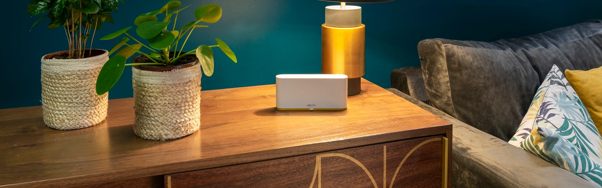 Somfy TaHoma box op houten dressoir naast planten en sfeerverlichting