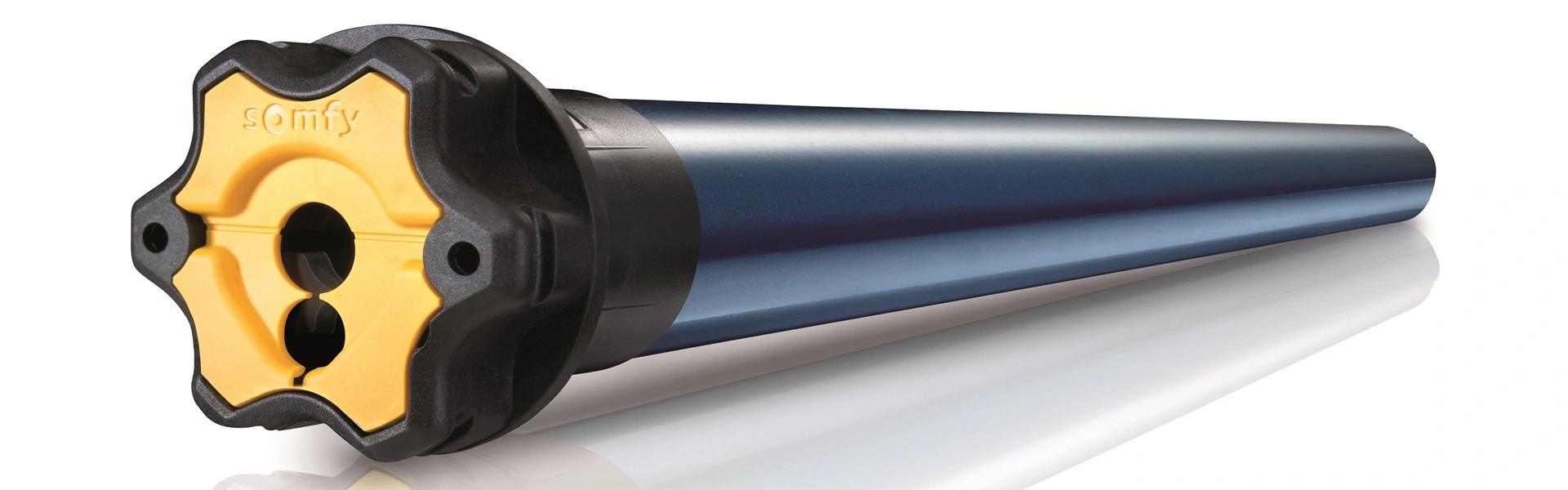 Somfy buismotor met geel en zwart ontwerp, geschikt voor zonwering en rolluiken
