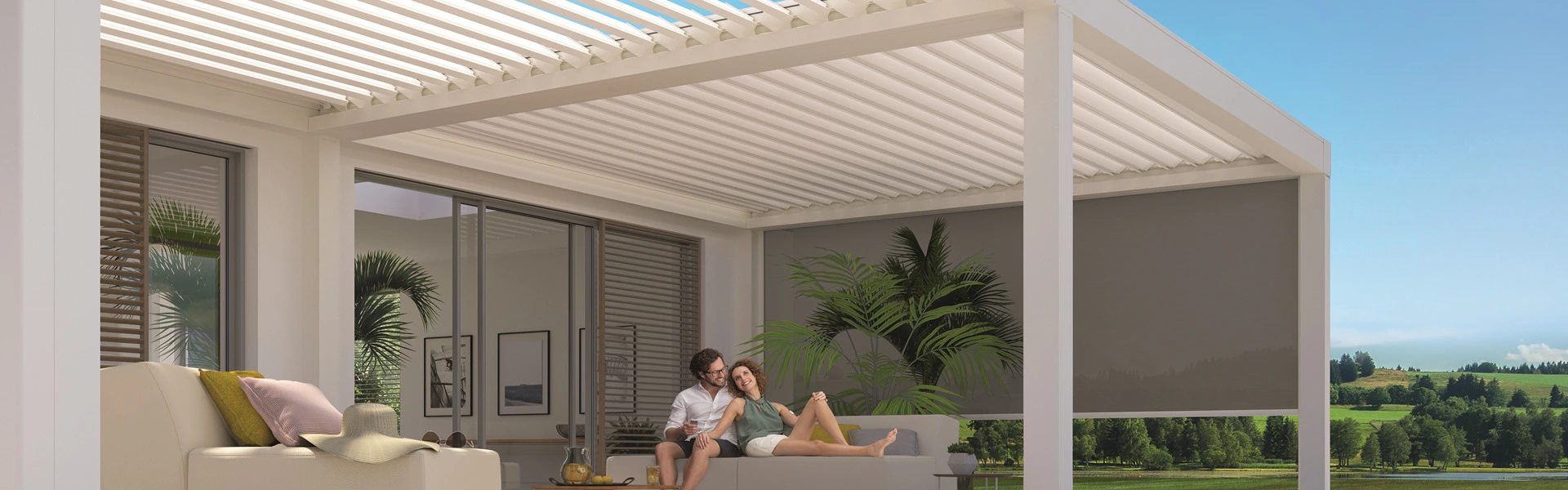 Stijlvolle Artares lamellen overkapping met zijschermen en comfortabele zithoek