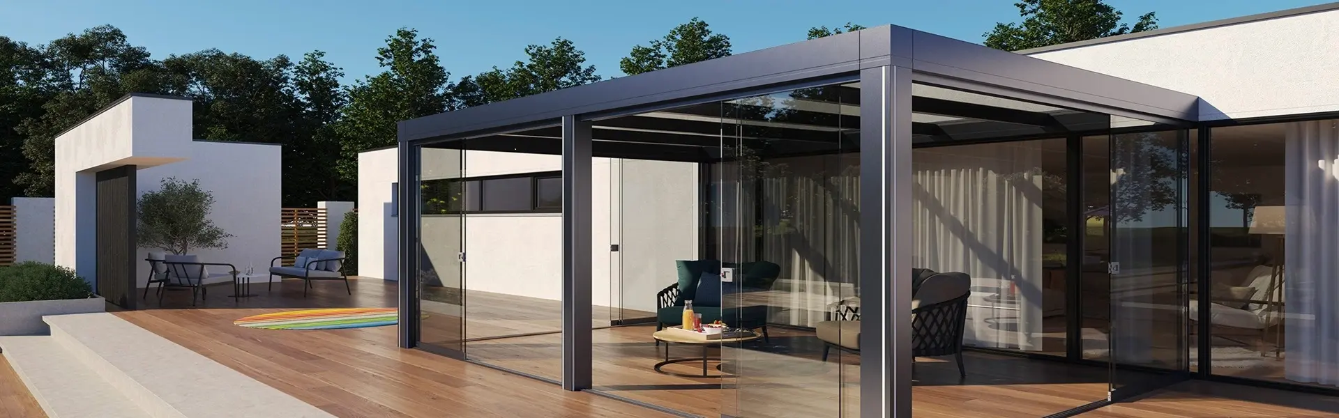 Strakke glazen overkapping Area met zithoek en minimalistische architectuur