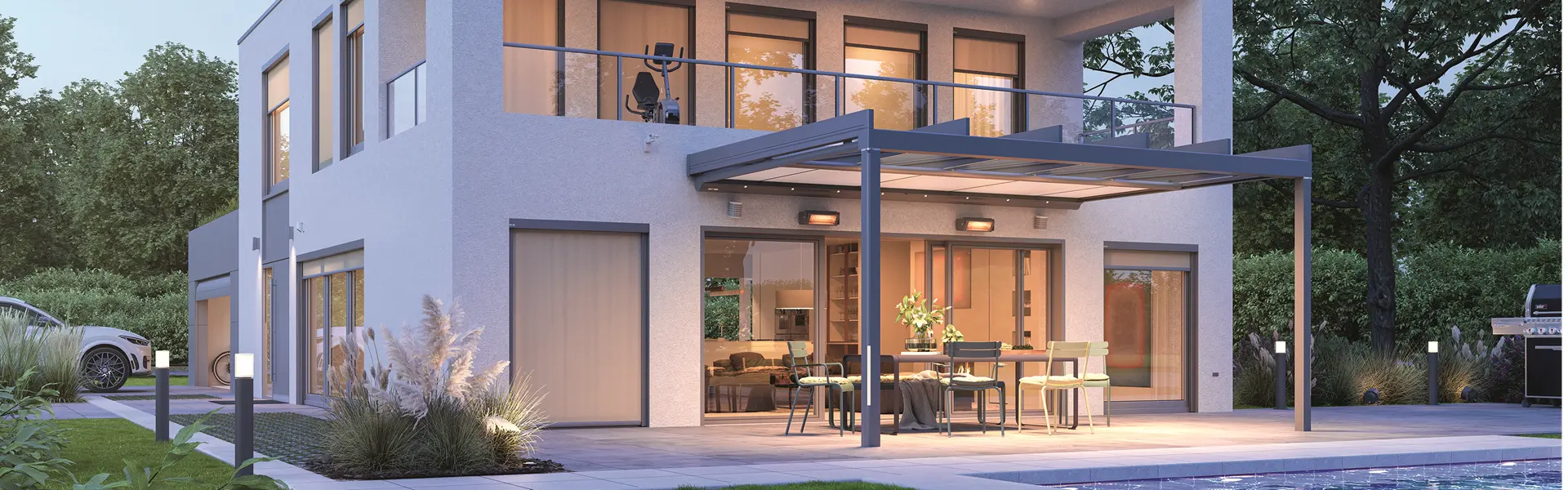 Terrasoverkapping met Tempura Quadra heaters en uitzicht op zwembad