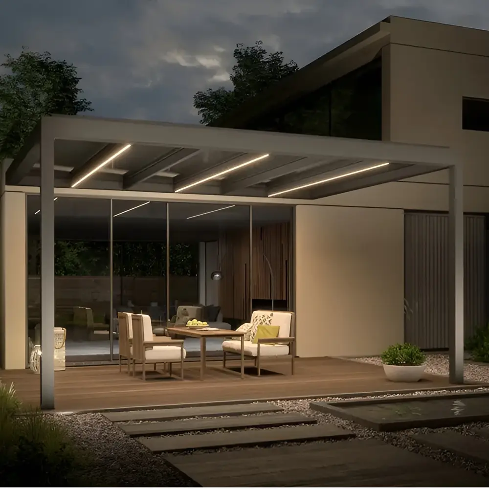 Verlichte Vetro Vino overkapping bij schemering