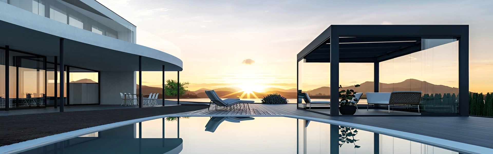 Vrijstaande glazen overkapping Cubo bij een zwembad met zonsondergang (1)