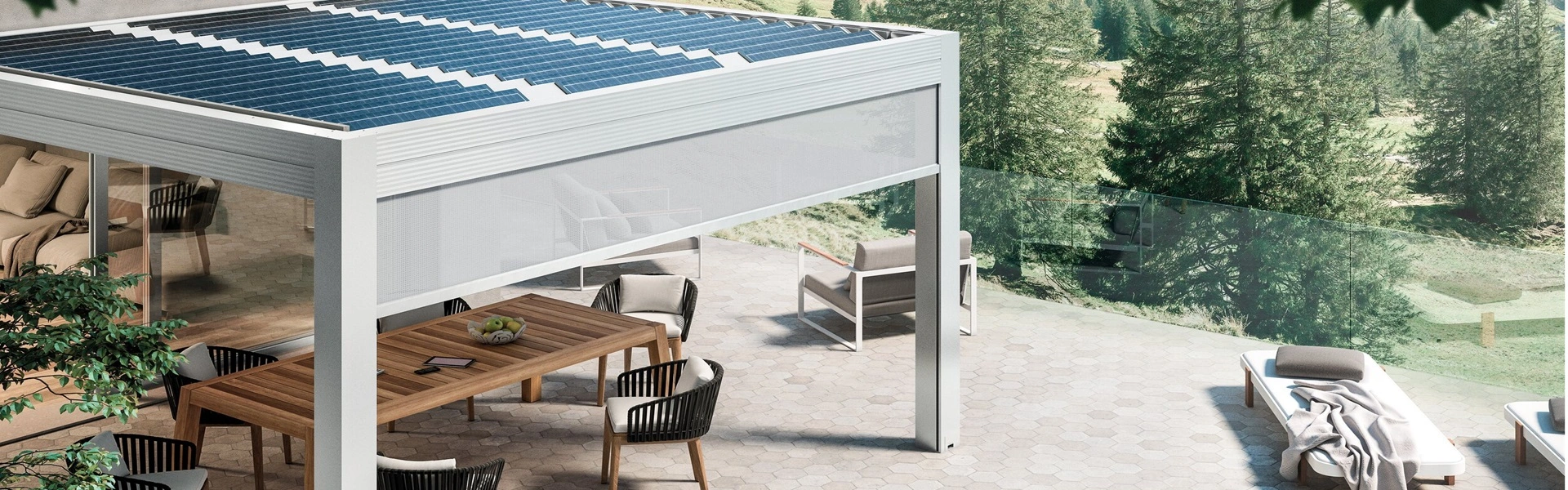Zonne-energie pergola met lamellen met meubels