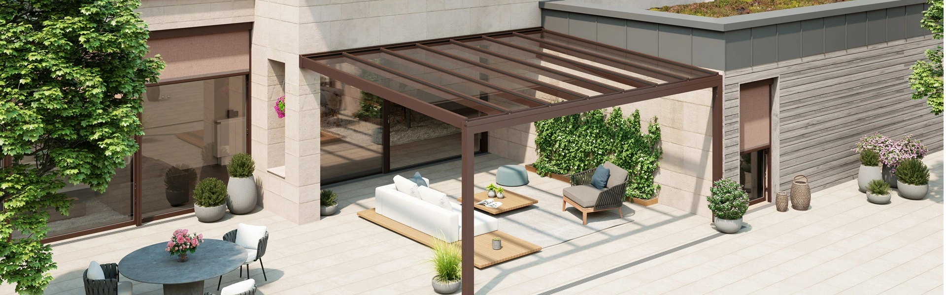 Zonnig terras met glazen overkapping Nyon en stijlvolle buitenmeubels